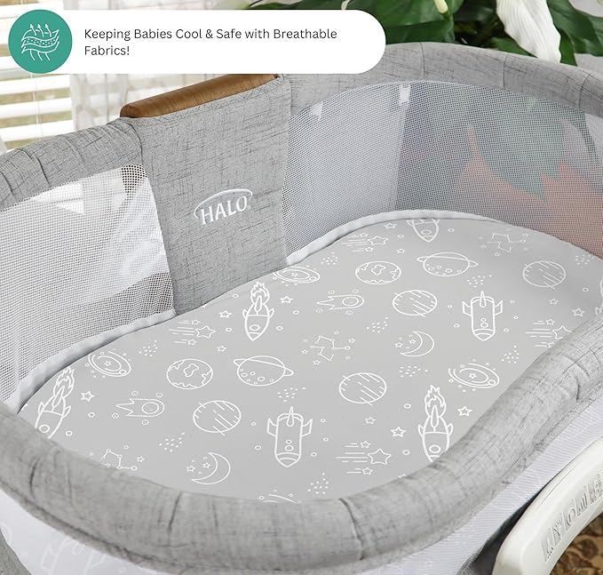 TansyPanda Bassinet Sheets for Halo Bassinest Swivel, Flex, Glide, Premiere and Luxe Series Sleeper, Pack of 3, 33 X 17 Inch, Ultra Soft and Snug Fit, Unisex Boys Girls, Gray White (Space Rockets)
