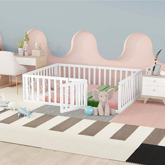 Full Size Floor Bed with Fence, Solid Wood Floor BedFrame for Kids with Door, Twin Platform Bed for Boys and Girls Kids Teens, Fun Design, for Children Bedroom