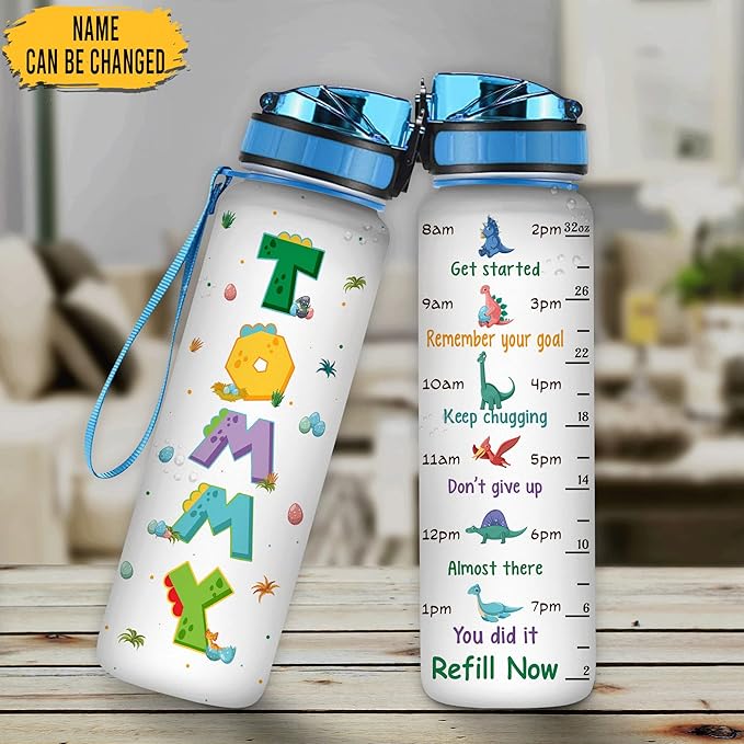 Hyturtle Personalized Dinosaur Lovers 32 Oz 1Liter Motivational Water Bottle, Dinosaur Customized Name Water Bottle With Time Marker, Dino Bottle Gifts For Women Girl Kids On Birthday, Christmas