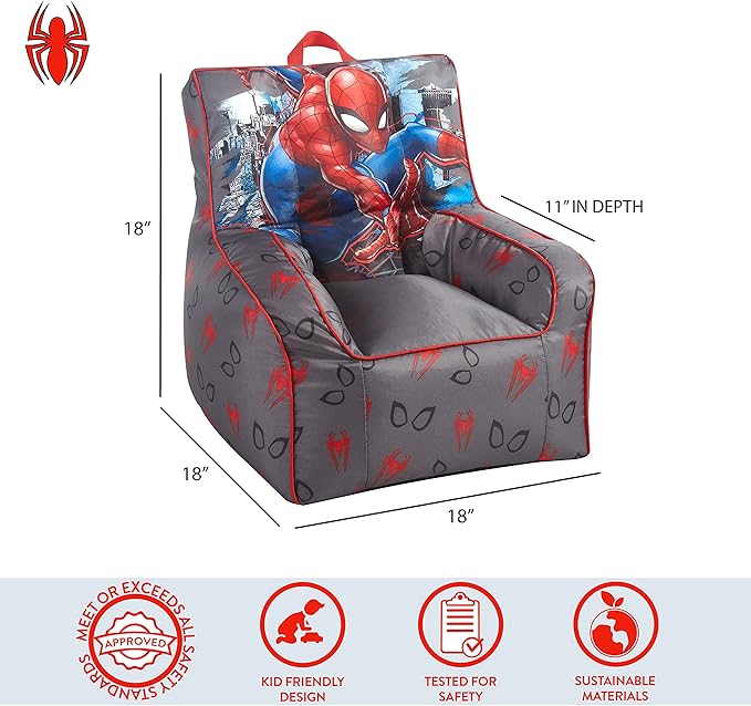 Idea Nuova Marvel Spiderman Toddler Nylon Bean Bag Chair with Piping & Top Carry Handle, Large