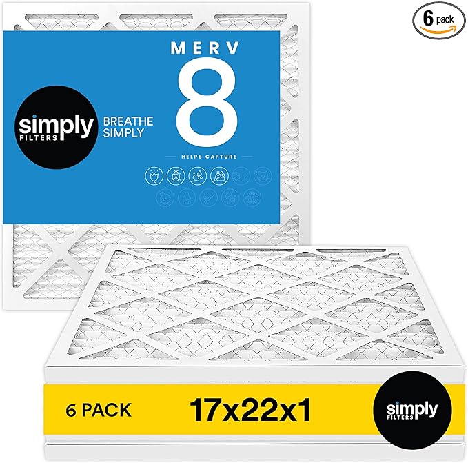 Simply 17x22x1 Air Filter, Merv 8, MPR 600, 6 Pack, For Home AC Furnace & HVAC (Actual Size: 16.75"x21.75"x0.75") DUST, Pet, & Allergy Control