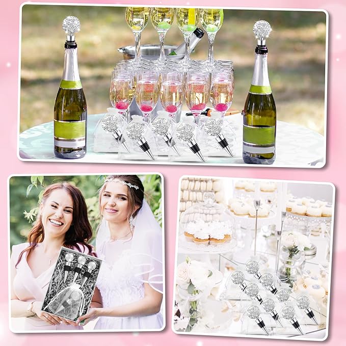 Crystal Wine Bottle Stopper Diamond Wine Stoppers Reusable Zinc Alloy Silicone Beverage Saver Corks Wine Decorative Bottle Stoppers with Sheer Bags for Wedding Bar Gifts(Silver,12 Set)