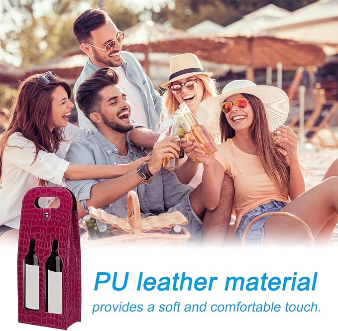PATIKIL 2 Bottle Wine Gift Bag, Wine Bag Reusable Leather Wine Tote Carrier for Wine Bottles Portable Champagne Gift Bags for Picnic Party Wedding, Red-2
