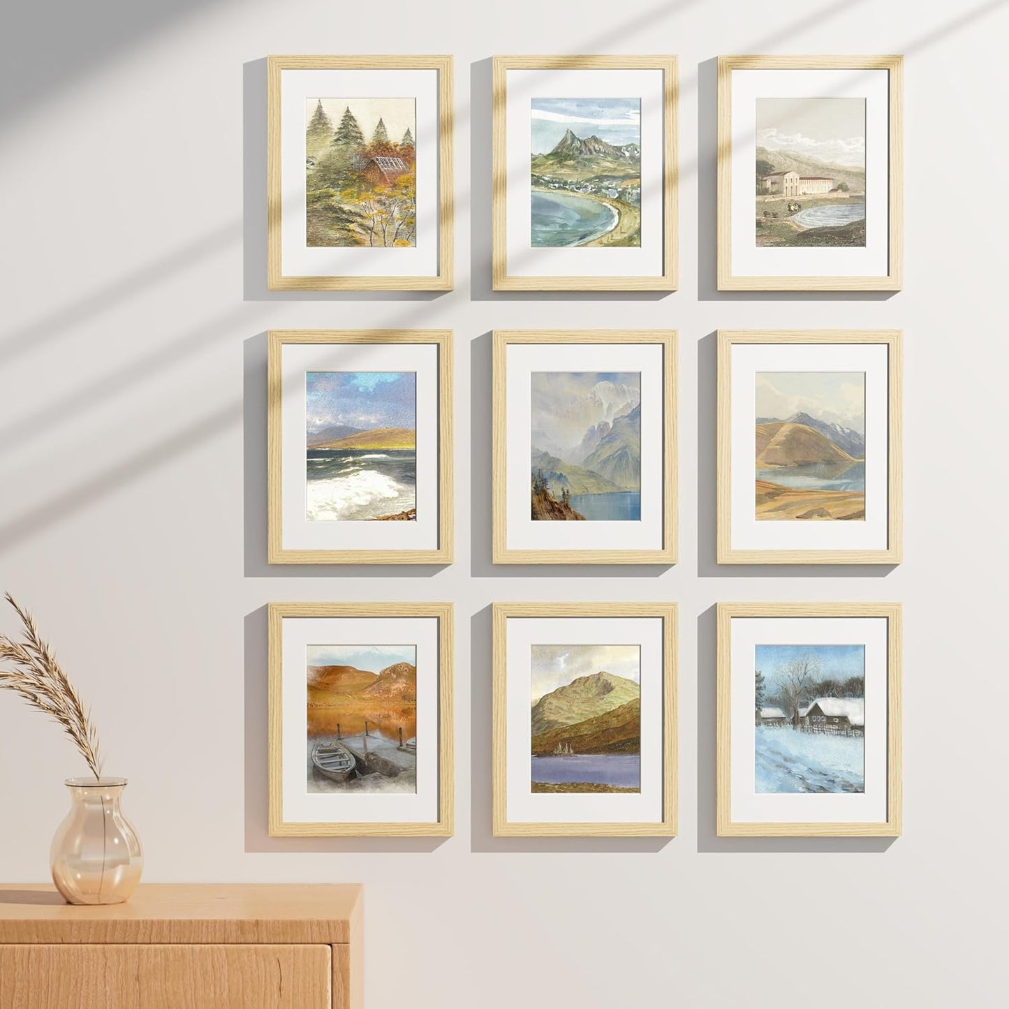 Vittanly 8.5x11 Picture Frames Set of 9, Shatter Resistant Plexiglass, Display 6x8 Pictures with Mat or 8.5x11 without Mat, Photo Frames for Wall or Tabletop, Engineered Wood, OAK