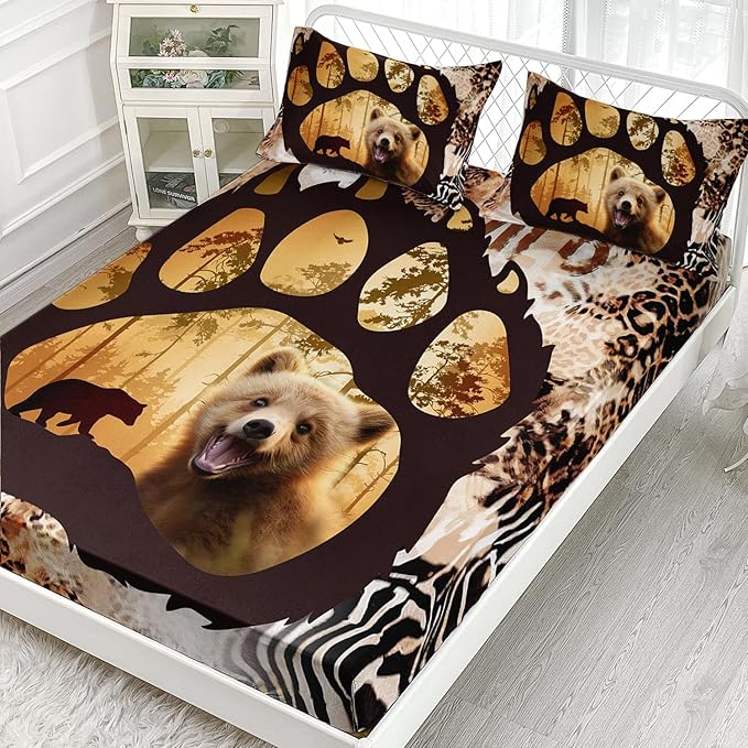 AILONEN Cute Bear Queen Fitted Sheet Set for Girls Boys, Bear Paw Sheet Leopard Print Fitted Sheet with 2 Pillowcases,3 Pieces Rustic Vintage Bear Bed Sheet Set