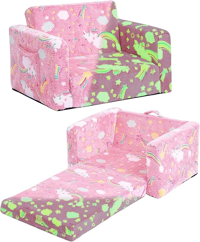 Tiita Toddler Chairs, 2-in-1 Kids Sofa Bed Fold Out, Plush Children's Foam Chair for Boys and Girls, Small Convertible Couch for Baby, Pink Rainbow