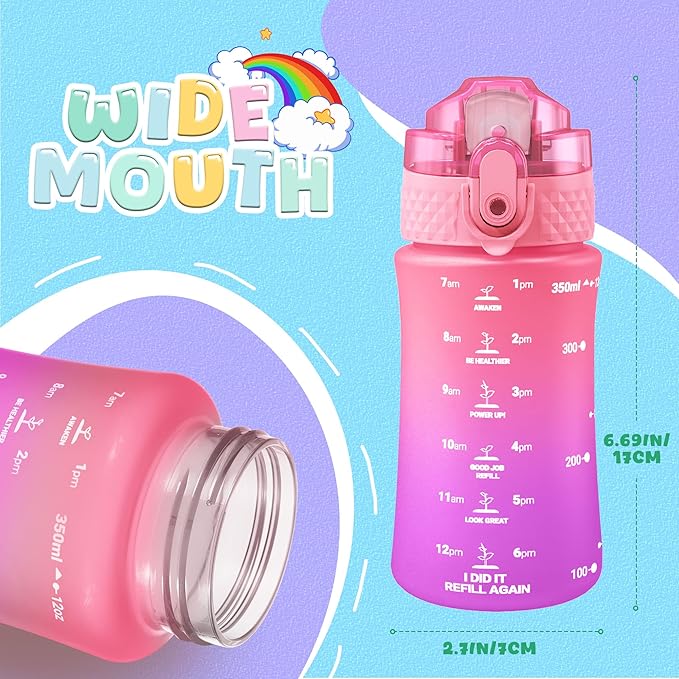 OLDLEY Kids Water Bottle for School, 12 oz (2 lids) BPA-Free Reusable Leak-proof Durable Tritan Plastic Water Bottles with Straw & Chug Lids, Anti-dust Spout Cover (Sweet Pink)
