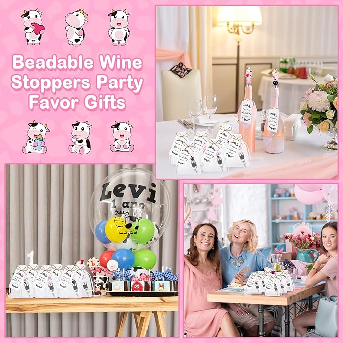 Gisafai 36 Set Cow Beadable Wine Stoppers Baby Shower Wedding Favors for Guests Decorative Beaded Wine Bottle Stopper with Cow Beads Organza Bag Tag for Wedding Cow Party Favor Souvenirs Gifts