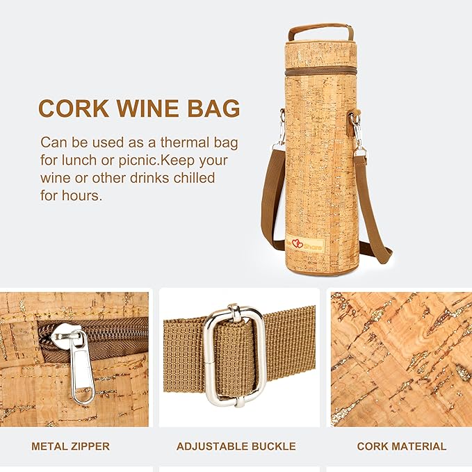 Insulated Wine Bag, Cork Single Bottle Wine Gift Bags, Cooler Carrier Tote Bag for Travel Party Beach Wedding Reusable & Recyclable
