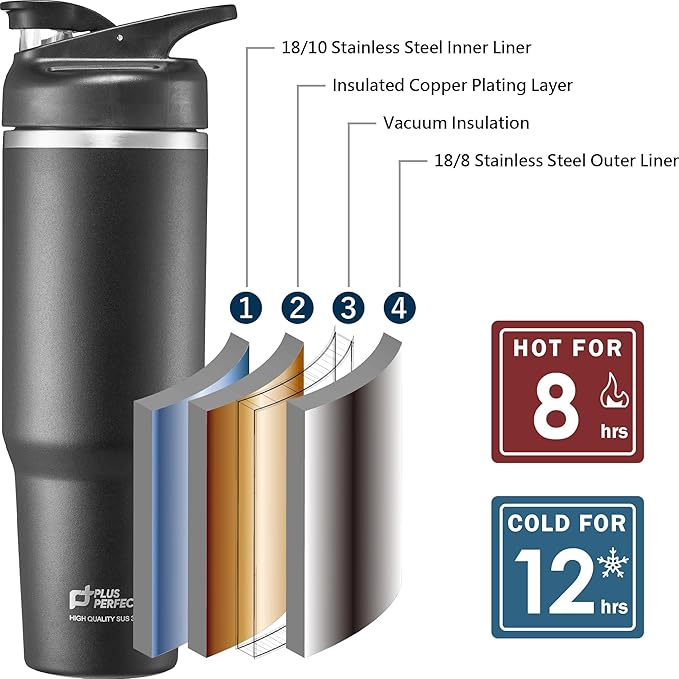 41 OZ 316 Stainless Steel Vacuum Insulated Travel Mug With Leak Proof Flip For Both Straw & Spout, Double Walled Seamless to Keep Hot And Cold, Black