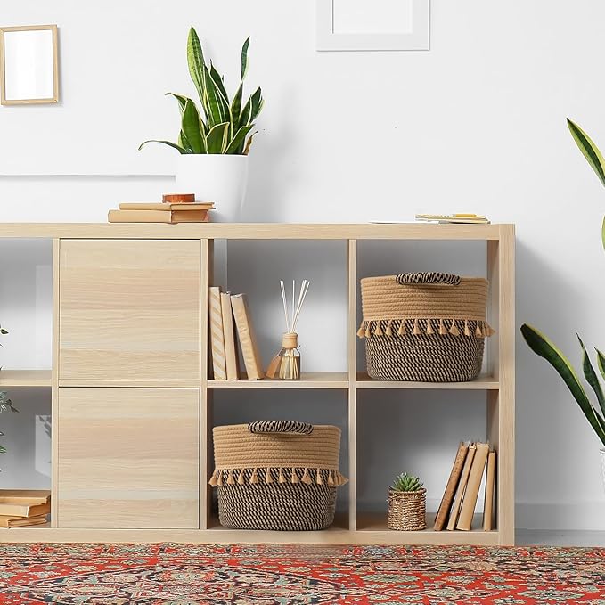 TeoKJ Set of 3 Baskets for Organizing, Decorative Rope Baskets for Storage, Storage Baskets for Pets, books, Pillows, Toys & Cloths, Black & Jute