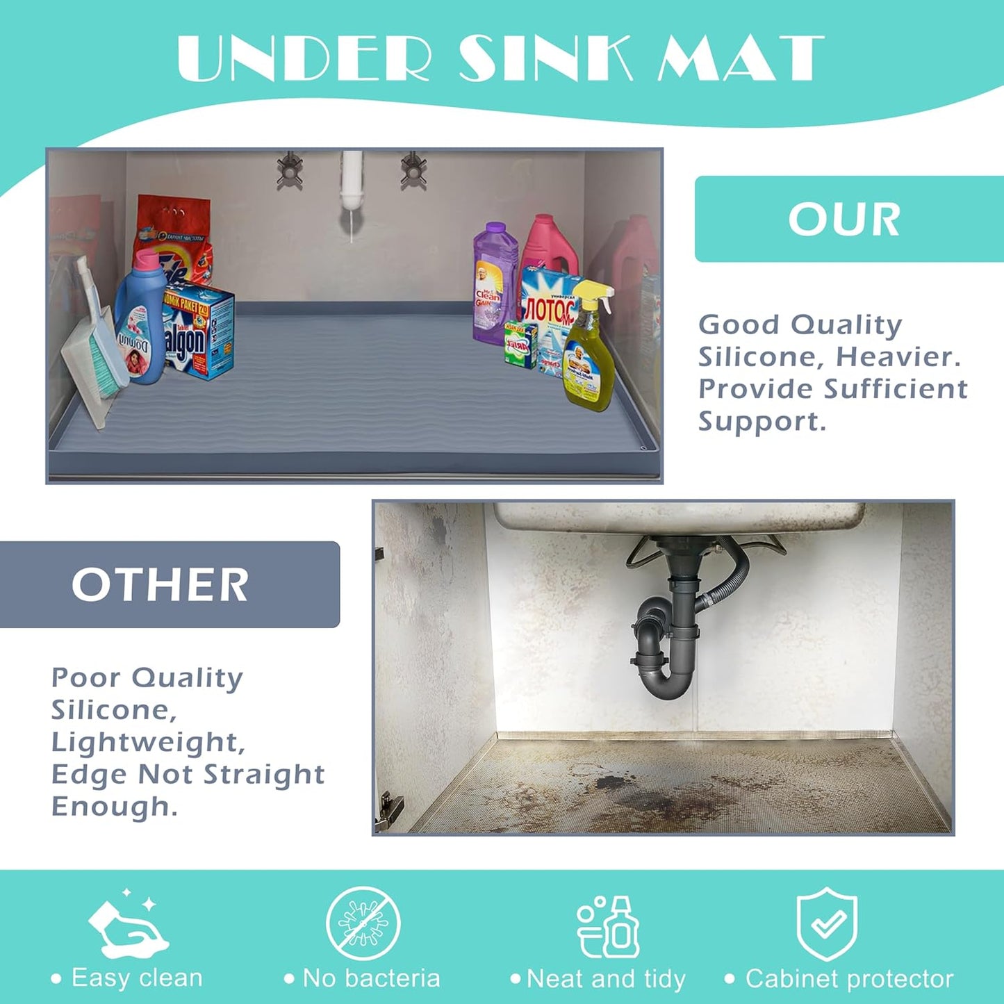 URMONA Waterproof Silicone Under Sink Mat 22'' x 19'' Shelf Liner for Kitchen and Bathroom, Cabinet and Counter Protector, Storage and Organizers, Litter Mat, Pet Cat Puppy Essentials(Black)