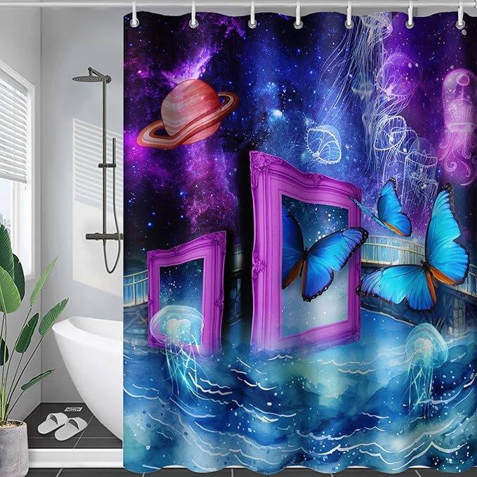 AILONEN Blue Butterfly Shower Curtains,Purple Galaxy Bath Curtains for Bathroom for Girls,Blue Ocean Jellyfish Curtains,Polyester Waterproof with 12 Hooks 72" W*72" H