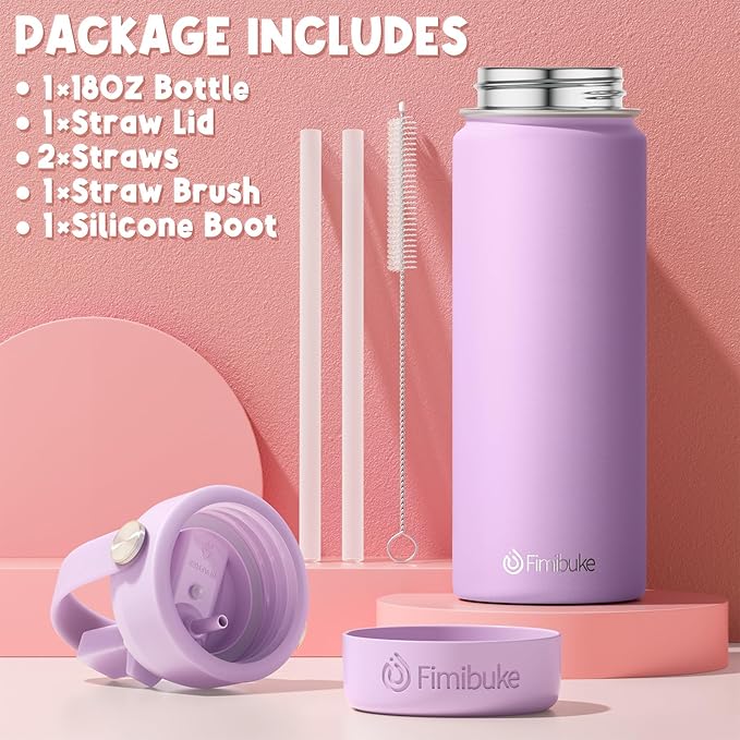 Fimibuke Kids Insulated Water Bottle - 18oz BPA-FREE 18/8 Stainless Steel Kids Cup with Straw Travel Tumbler Leak Proof Double Wall Vacuum Toddler Water Bottle for School Boys Girls (1 Pack, Candy)