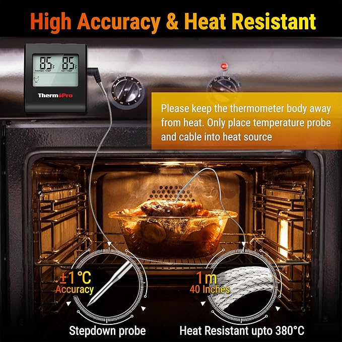 ThermoPro TP16 Large LCD Digital Meat Thermometer for Cooking, Smoking, Grilling, BBQ Food Thermometer with Clock Timer and Stainless Steel Probe, Black