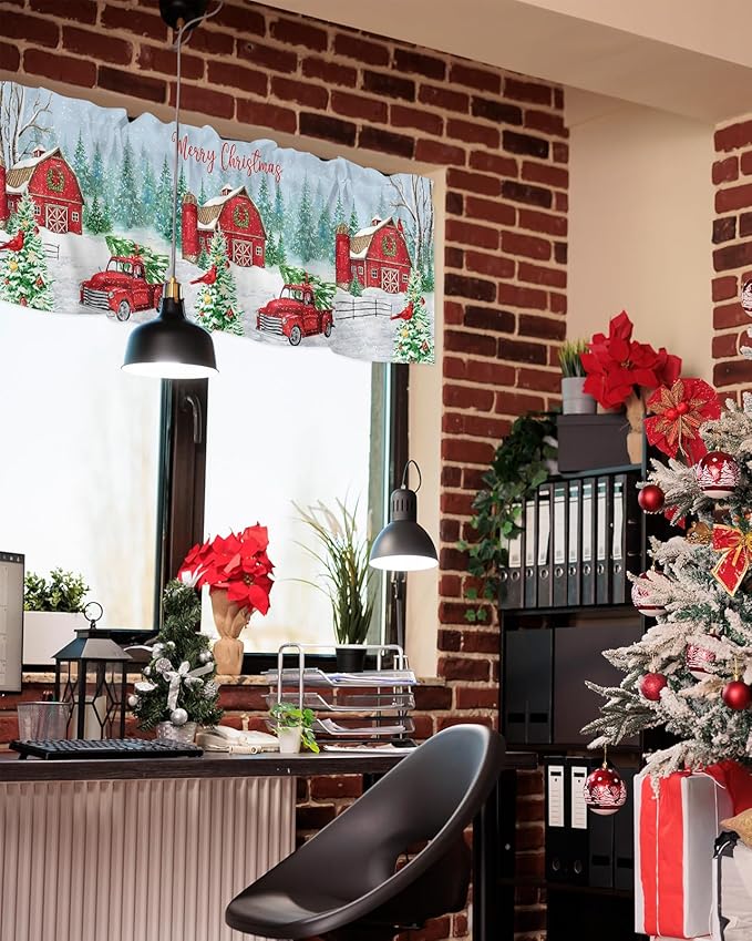 Red Truck Christmas Valance Curtains for Kitchen Windows Merry Christmas Farmhouse Rod Pocket Window Treatment Toppers for Kitchen/Living Room/Bedroom/Bathroom, 42" X 12", Winter Xmas Tree