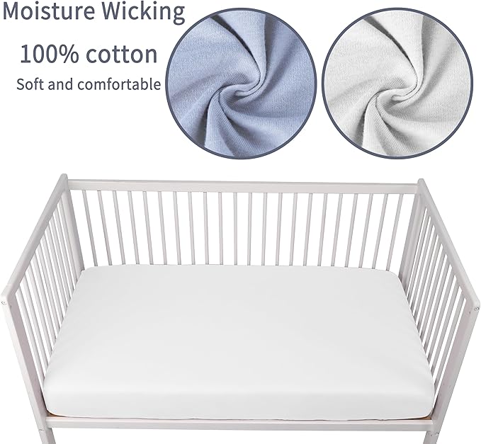 Crib Sheets for Boys Girls,100% Cotton Fitted Crib Sheet 2 Pack for Standard Crib and Toddler Mattress, Super Soft Breathable Baby Sheet 28x52x8in (White & Gray)