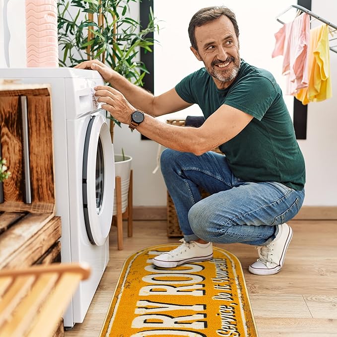 Ottomanson Laundry Collection Non-Slip Rubberback Laundry Text Design 2x5 Laundry Room Runner Rug, 20" x 59" Oval, Orange