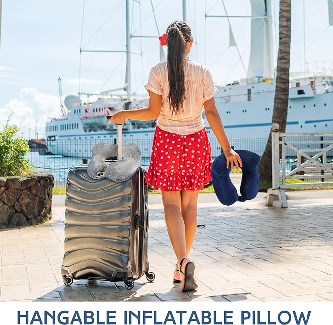 Sintuff 2 Pack Inflatable Travel Pillow for Airplanes Inflatable Neck Pillows with Compact Bag and Blindfold Soft Flight Pillow for Traveling, Airplane, Train, Car, Office(Gray and Blue)