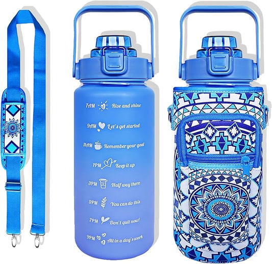 64 oz Water Bottle with Straw Sleeve & Strap Motivational Half Gallon Water Jug with Handle for Gym Women Men Aesthetic Water Bottle with Strap Datura