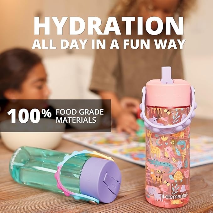 Elemental Leak Proof Water Bottles for Kids - Splash Kids Water Bottle for School with Fun Fidget Pop-it Handle - BPA Free Tritan Plastic Reusable Water Bottle with Straw - Pink Safari - 18oz