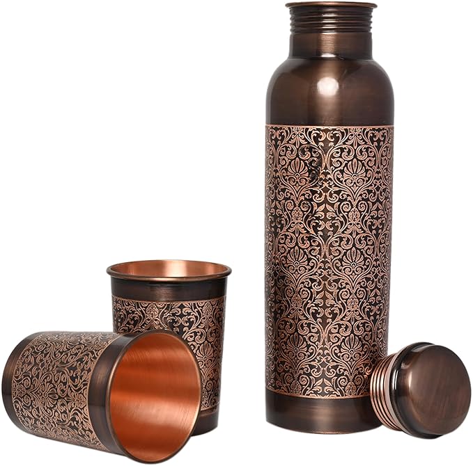 Pure Copper Water Bottle with 2 Tumblers Set, Beautiful Floral Pattern For Ayurveda Health Benefits