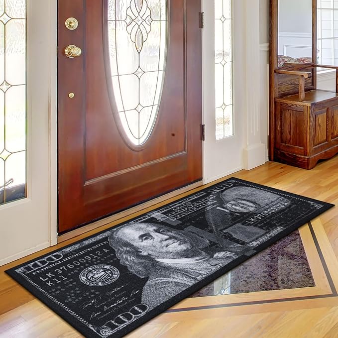 Machine Washable $100 Bill Design Non-Slip Rubberback 22x53 Modern Runner Rug for Hallway, Kitchen, Bedroom, 22" x 53", Black