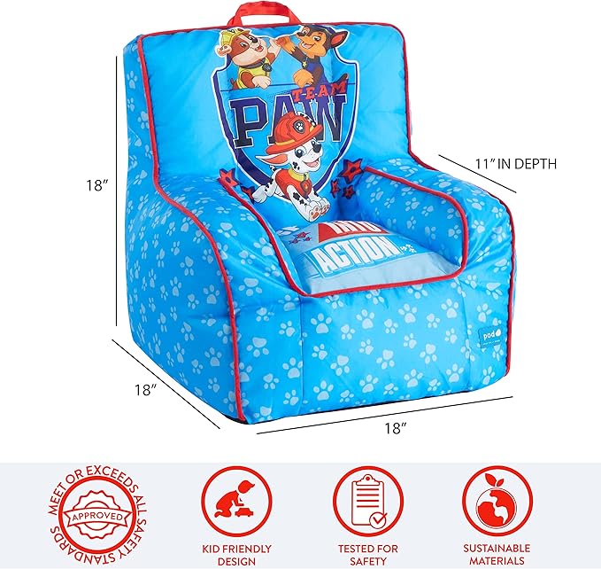 Idea Nuova Paw Patrol Kids Nylon Bean Bag Chair with Piping & Top Carry Handle Large