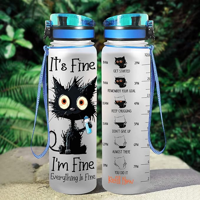 Cat Gifts, Black Cat Water Bottle 32 oz with Time Marker, It's Fine I'm Fine Cat Bottle, Cat Gifts for Cat Lovers, Crazy Cat Gifts, Gifts for Halloween