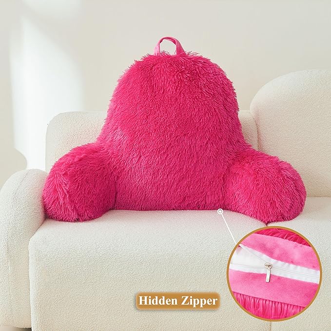 XeGe Fluffy Back Support Pillow Cover for Bed (No Filler), Faux Fur Backrest Pillow Case for Sitting in Bed, Furry Reading Pillow Cover for Adults Kids, Fuzzy Sit Up Pillow for Floor Chair, Hot Pink