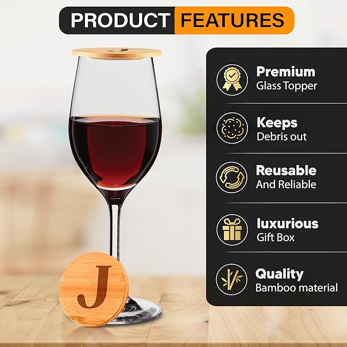 Personalized Wine Glass Charcuterie Topper - Custom Laser Engraved Initial Bamboo Wine Glass Topper Stopper Coasters Plate ID Identification Wine Glass Charcuterie Board Topper (Letter J)