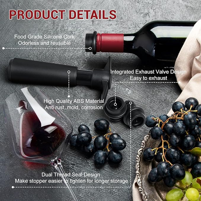 Wine Saver Vacuum Pump with 6 Wine Stoppers, Wine Preserver Keep Wine Fresher for Longer, Reusable Food Grade Silicone Wine Stopper Leak Proof, Wine Corks Fit Almost Any Wine Bottles