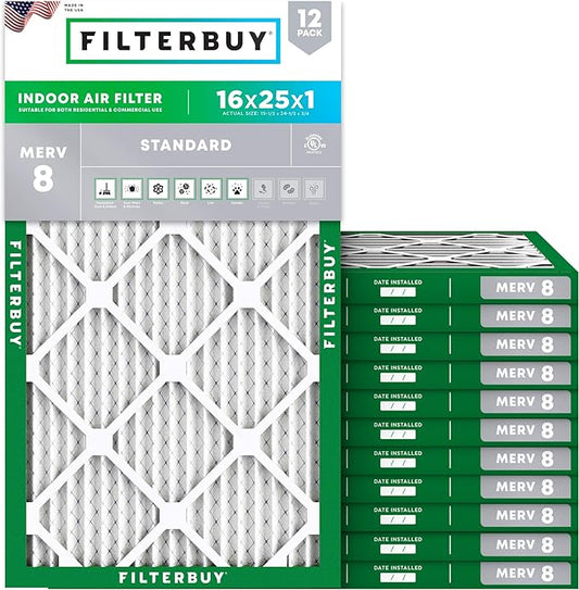 Filterbuy 16x25x1 Air Filter MERV 8 Dust Defense (12-Pack), Pleated HVAC AC Furnace Air Filters Replacement (Actual Size: 15.50 x 24.50 x 0.75 Inches)