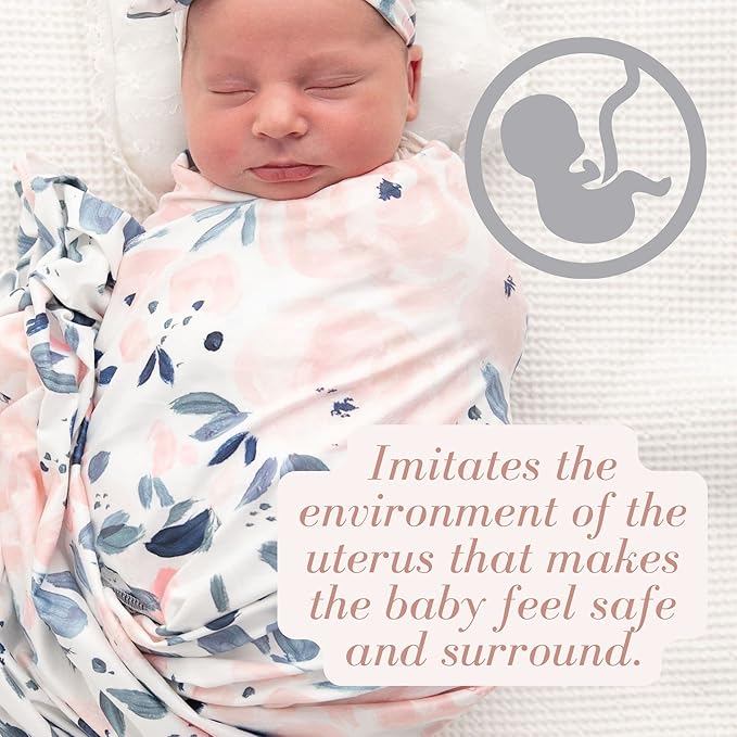 Newborn Baby Girl Receiving Blanket Swaddle Blanket Stretchy Knit Swaddle Set with Matching Headband and Beanie (Ink and Pink Floral)