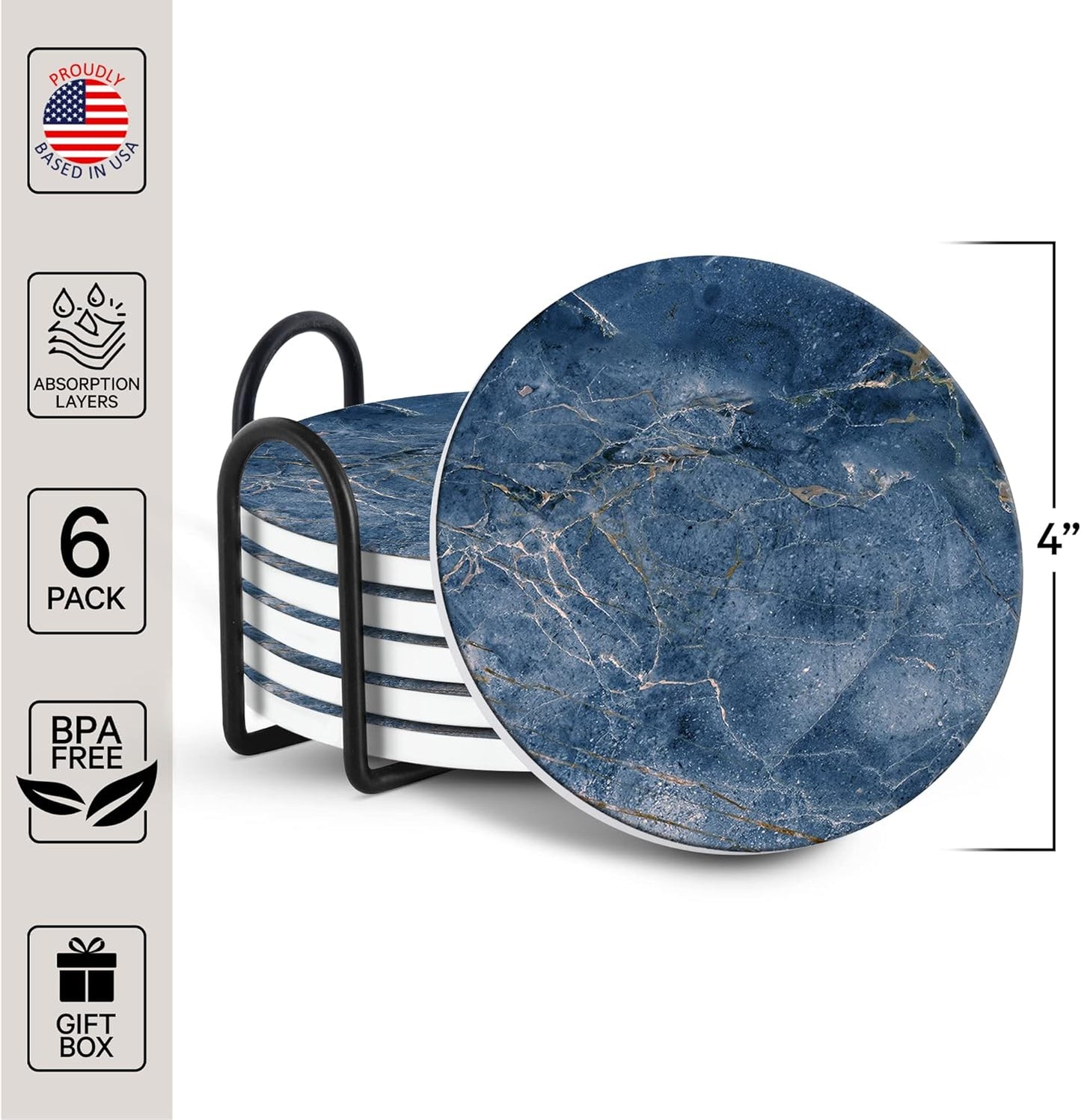 Emerson Coasters for Drinks Absorbent Set of 6 with Holder – Marble Style Coasters – Coasters for Drinks – Drink Coasters for Coffee Table – 100% Ceramic Stone Non Slip – Heavy Duty (Ocean)