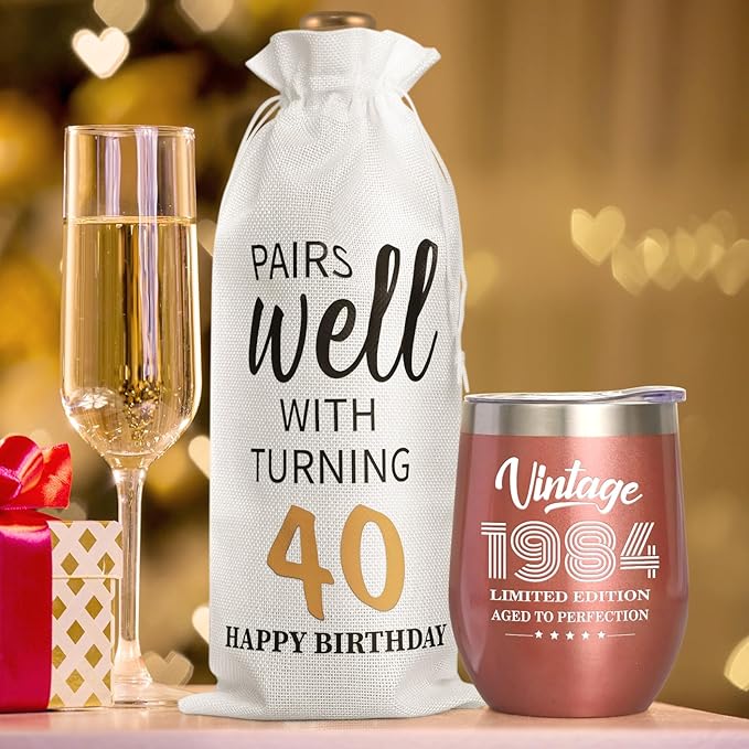 Lifecapido 40th Birthday Gifts for Women, Vintage 1984 Limited Edition Insulated Wine Tumbler with Wine Bag, 40 Year Old 40th Birthday Presents Christmas Gifts for Sisters Wine Lover Friends, 12 oz