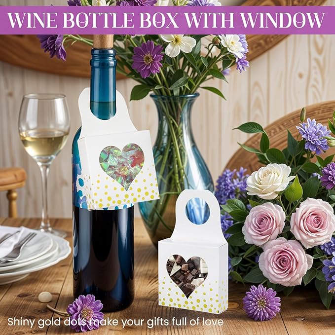 Megitzuu 50 Pieces Wine Bottle Box with Window, White Wine Boxes for Gifts Hanging Foldable Wine Gift Boxes Kraft Paper Wine Bottle Hanger Favor Box for Holding Candy Truffles Chocolate Cookies