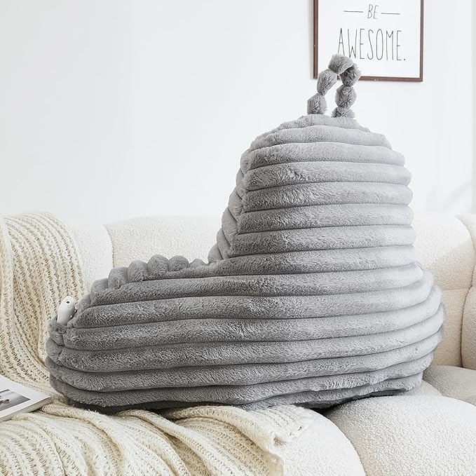 WERDIM Reading Pillow for Sitting in Bed, Faux Fur Back Pillow for Bed Rest, Bed Chair Pillow with Arms and Pockets(Standard, Grey)