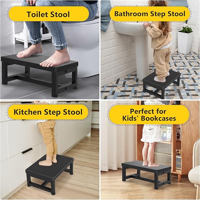 Step Stools for Adults Kids, Sturdy Wooden Stepping Stools with 450LB Capacity, Anti-Slip Bed Steps Stool for High Beds, Foot Stool One Step Stool for Kitchen Bathroom Bedroom, Black