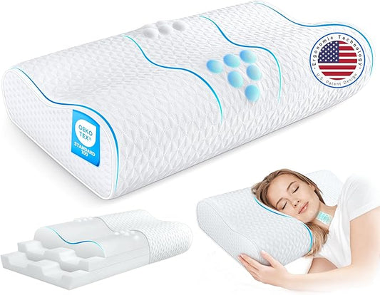 Sandwich Cervical Neck Pillow Queen Size - Dynamic Memory Foam Pillow for Neck Shoulder Pain Relief, Ergonomic Adjustable Bed Contour Pillow for Side, Back & Stomach Sleepers CertiPUR-US