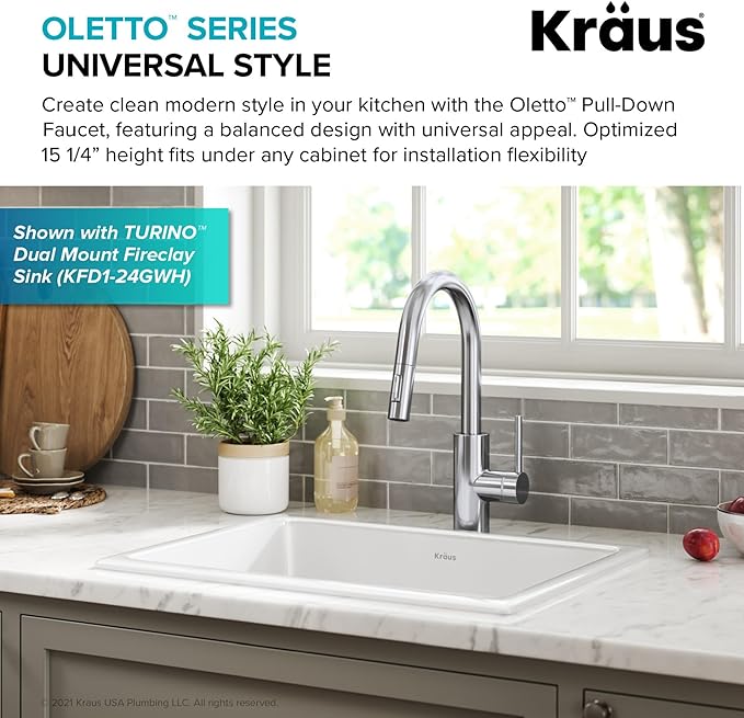 KRAUS Oletto Single Handle Pull Down Kitchen Faucet with QuickDock Top Mount Installation Assembly in Chrome, KPF-2620CH