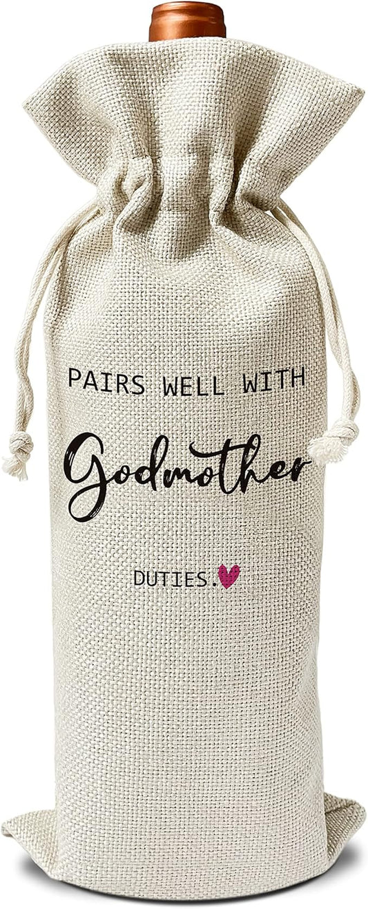 Godmother Wine Gift Bags - Gift for Godmother, Aunt, Godparent, Baptism - Reusable Burlap With Drawstring Gift Bag (5.5"x 13.5")-1 Pcs/jiu068