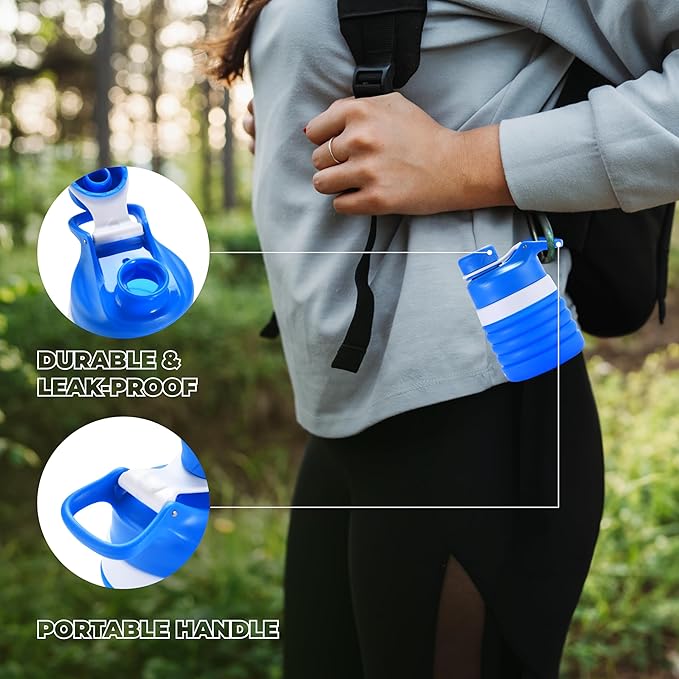 Hydrate Collapsible Water Bottle, 14.2oz - Expandable from 4.3" to 7.4" - Portable Silicone Leakproof Folding Cup - Flexible Liquid Container - Reusable Blue Drink Storage for Travel - Secure Drinking