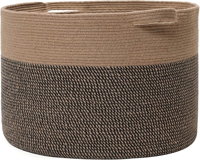 24" x 24" x 17" Max Size Large Cotton Rope Basket, Extra Large Storage Basket, Woven Laundry Hamper, Cloth Storage Bin, for Blankets Clothes Towels Pillows in Living Room, Jute/Black Mix