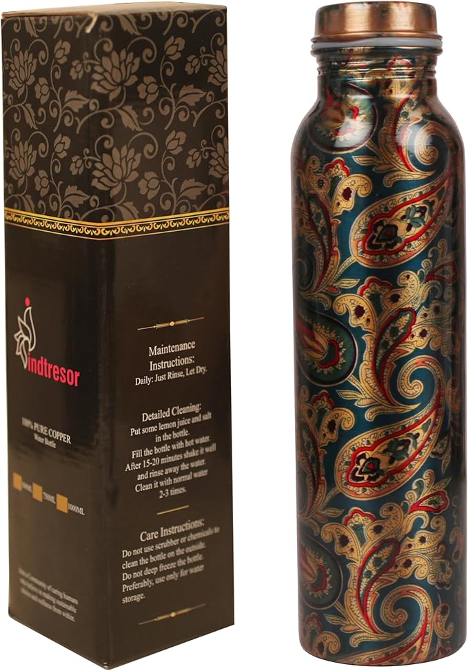Pure Copper Water Bottle - Handcrafted - Ayurveda Health Benefits -Paisley Floral Prints 35 OZ - Leak proof - Easy to carry For Sports, Fitness, Yoga, School - Vintage Enamel.