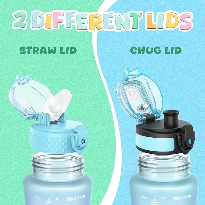 OLDLEY Kids Water Bottle for School, 12 oz (2 lids) BPA-Free Reusable Leak-proof Durable Tritan Plastic Water Bottles with Straw & Chug Lids, Anti-dust Spout Cover (Bluenavy)