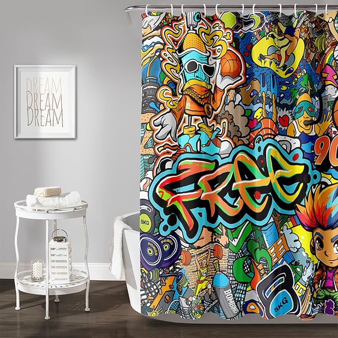 AILONEN Sport Graffiti Shower Curtain for Bathroom,Colorful Graffiti Pattern Bathroom Curtain for Kids Boys Girls,Bath Curtain 72" W*72" H Polyester Waterproof Bathroom Curtain with 12 Hooks