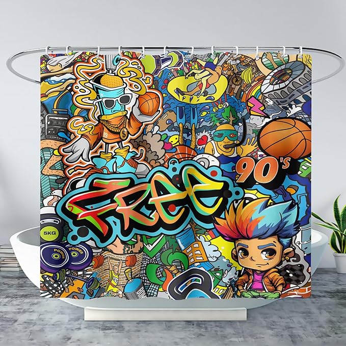 AILONEN Sport Graffiti Shower Curtain for Bathroom,Colorful Graffiti Pattern Bathroom Curtain for Kids Boys Girls,Bath Curtain 72" W*96" H Polyester Waterproof Bathroom Curtain with 12 Hooks