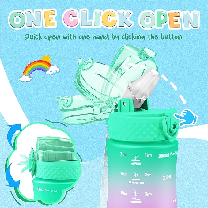 OLDLEY Kids Water Bottle for School, 12 oz (2 lids) BPA-Free Reusable Leak-proof Durable Tritan Plastic Water Bottles with Straw & Chug Lids, Anti-dust Spout Cover (Green Purple)