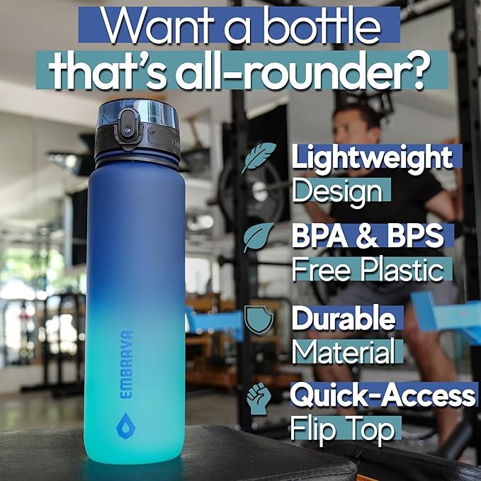 Embrava Sports Water Bottle - 32oz Large - Fast Flow Quick Sip Lid - BPA & BPS Free - Leakproof, Flip Top - Lightweight & Sturdy Tritan Plastic - Strainer for Fruit & Ice